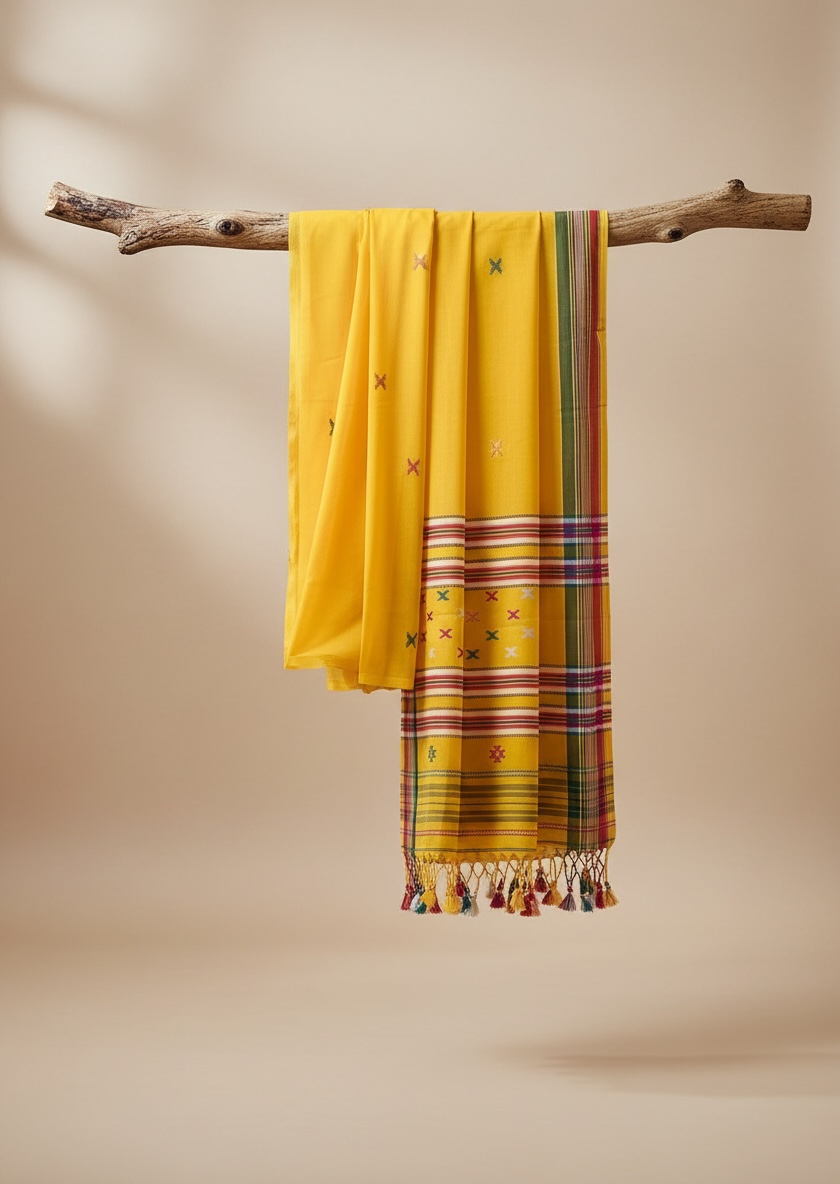 Basanti yellow Mercerised cotton Handloom Bhujodi saree - Rupacj Designs - Luxury Sustainable Indian womenswear | Artisan made | Slow Fashion- Occasion wear| Handcrafted In India