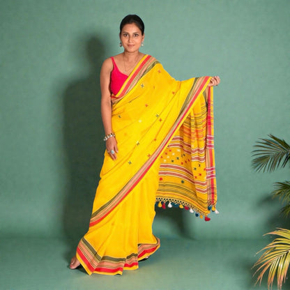 Basanti yellow Mercerised cotton Handloom Bhujodi saree - Rupacj Designs - Luxury Sustainable Indian womenswear | Artisan made | Slow Fashion- Occasion wear| Handcrafted In India
