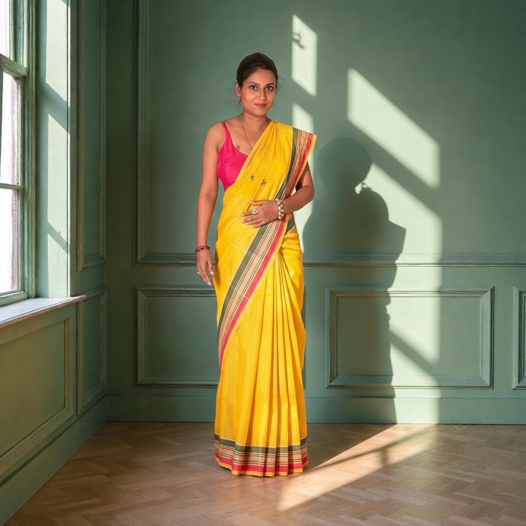 Basanti yellow Mercerised cotton Handloom Bhujodi saree - Rupacj Designs - Luxury Sustainable Indian womenswear | Artisan made | Slow Fashion- Occasion wear| Handcrafted In India