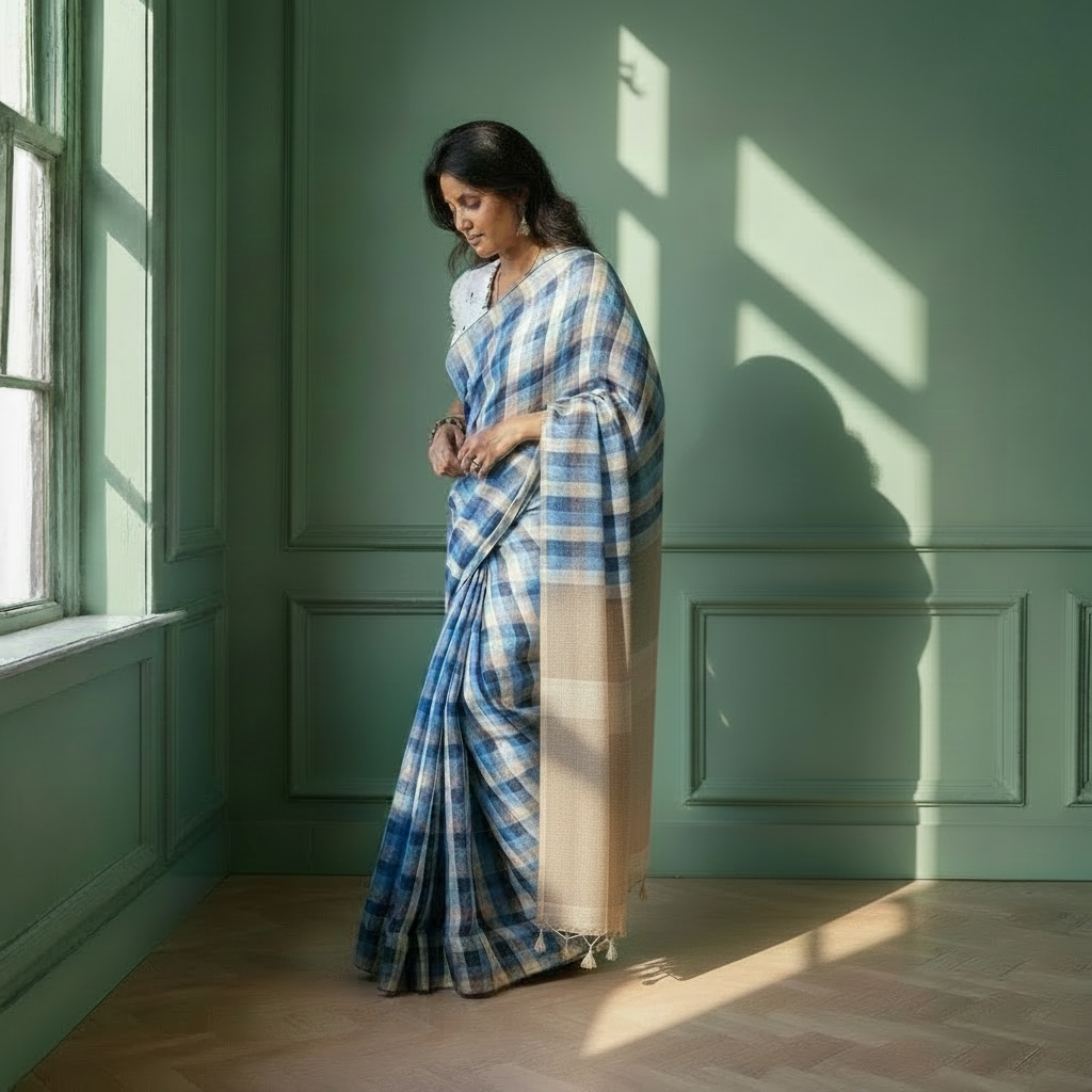 Pure linen Handloom Blue check saree - Rupacj Designs - Luxury Sustainable Indian womenswear | Artisan made | Slow Fashion- Occasion wear| Handcrafted In India