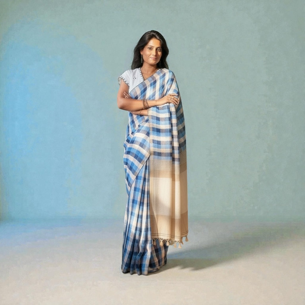 Pure linen Handloom Blue check saree - Rupacj Designs - Luxury Sustainable Indian womenswear | Artisan made | Slow Fashion- Occasion wear| Handcrafted In India