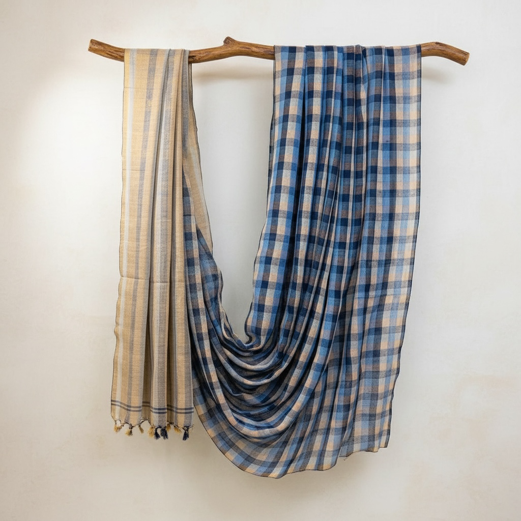 Pure linen Handloom Blue check saree - Rupacj Designs - Luxury Sustainable Indian womenswear | Artisan made | Slow Fashion- Occasion wear| Handcrafted In India