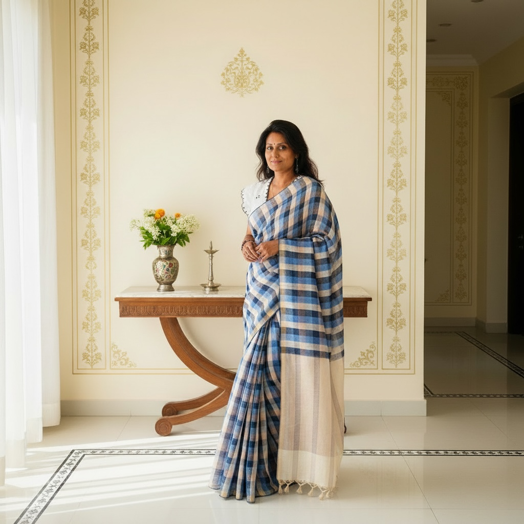 Pure linen Handloom Blue check saree - Rupacj Designs - Luxury Sustainable Indian womenswear | Artisan made | Slow Fashion- Occasion wear| Handcrafted In India