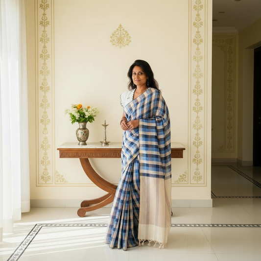 Pure linen Handloom Blue check saree