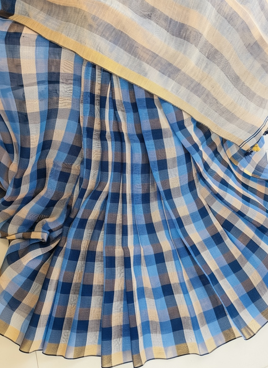 Pure linen Handloom Blue check saree - Rupacj Designs - Luxury Sustainable Indian womenswear | Artisan made | Slow Fashion- Occasion wear| Handcrafted In India