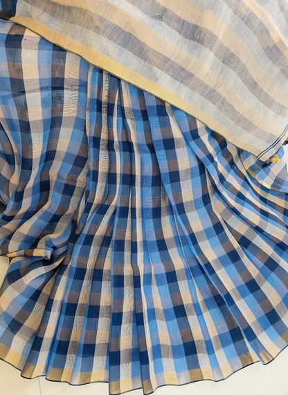 Pure linen Handloom Blue check saree - Rupacj Designs - Luxury Sustainable Indian womenswear | Artisan made | Slow Fashion- Occasion wear| Handcrafted In India