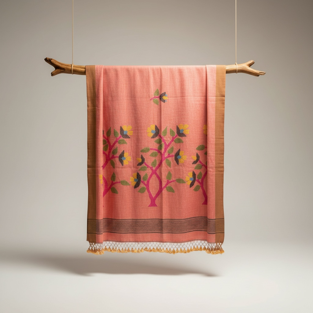 Pure linen Peach Handloom Jamdani saree - Rupacj Designs - Luxury Sustainable Indian womenswear | Artisan made | Slow Fashion- Occasion wear| Handcrafted In India