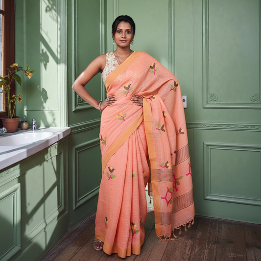 Pure linen Peach Handloom Jamdani saree