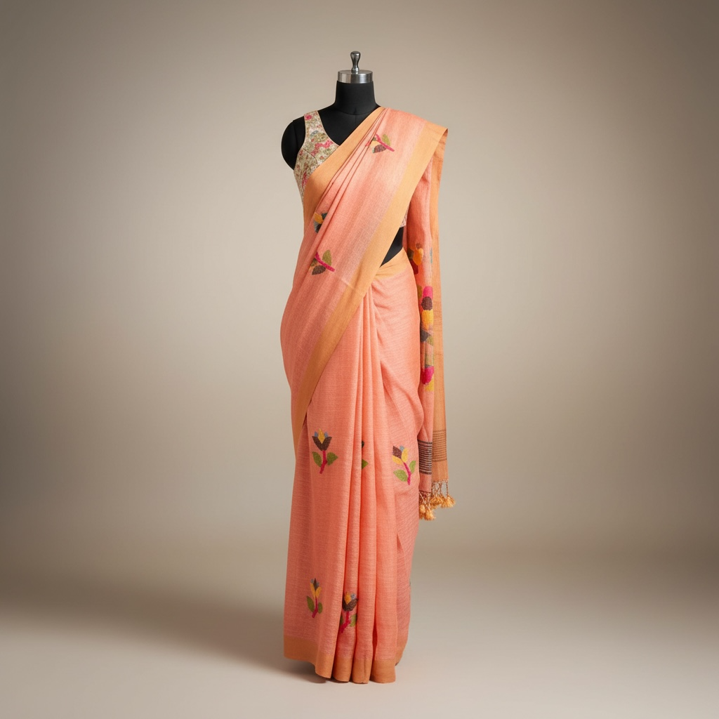 Pure linen Peach Handloom Jamdani saree - Rupacj Designs - Luxury Sustainable Indian womenswear | Artisan made | Slow Fashion- Occasion wear| Handcrafted In India