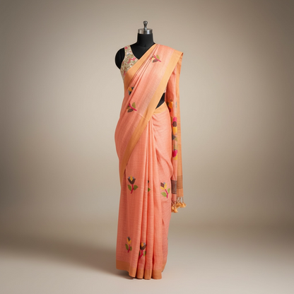 Pure linen Peach Handloom Jamdani saree - Rupacj Designs - Luxury Sustainable Indian womenswear | Artisan made | Slow Fashion- Occasion wear| Handcrafted In India