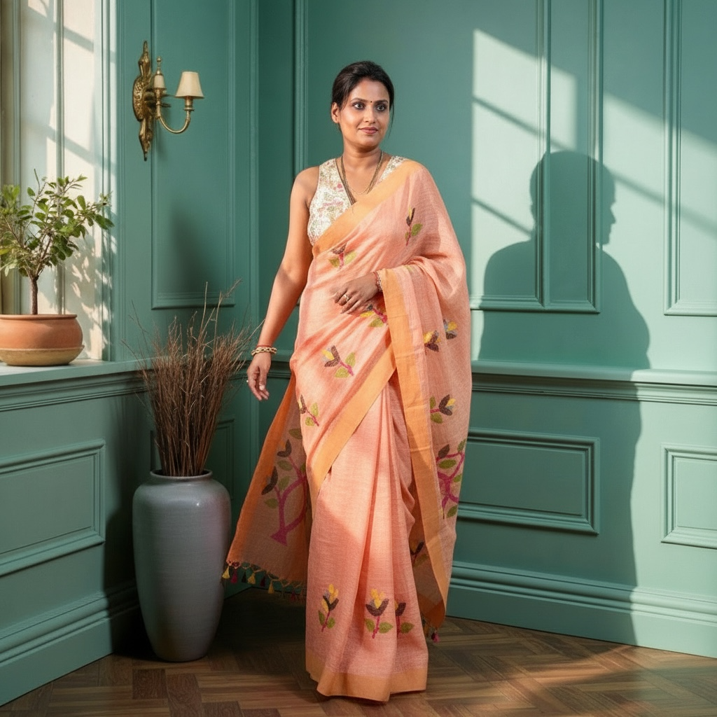 Pure linen Peach Handloom Jamdani saree - Rupacj Designs - Luxury Sustainable Indian womenswear | Artisan made | Slow Fashion- Occasion wear| Handcrafted In India