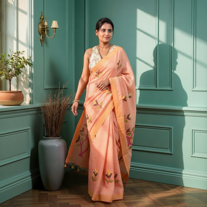 Pure linen Peach Handloom Jamdani saree - Rupacj Designs - Luxury Sustainable Indian womenswear | Artisan made | Slow Fashion- Occasion wear| Handcrafted In India