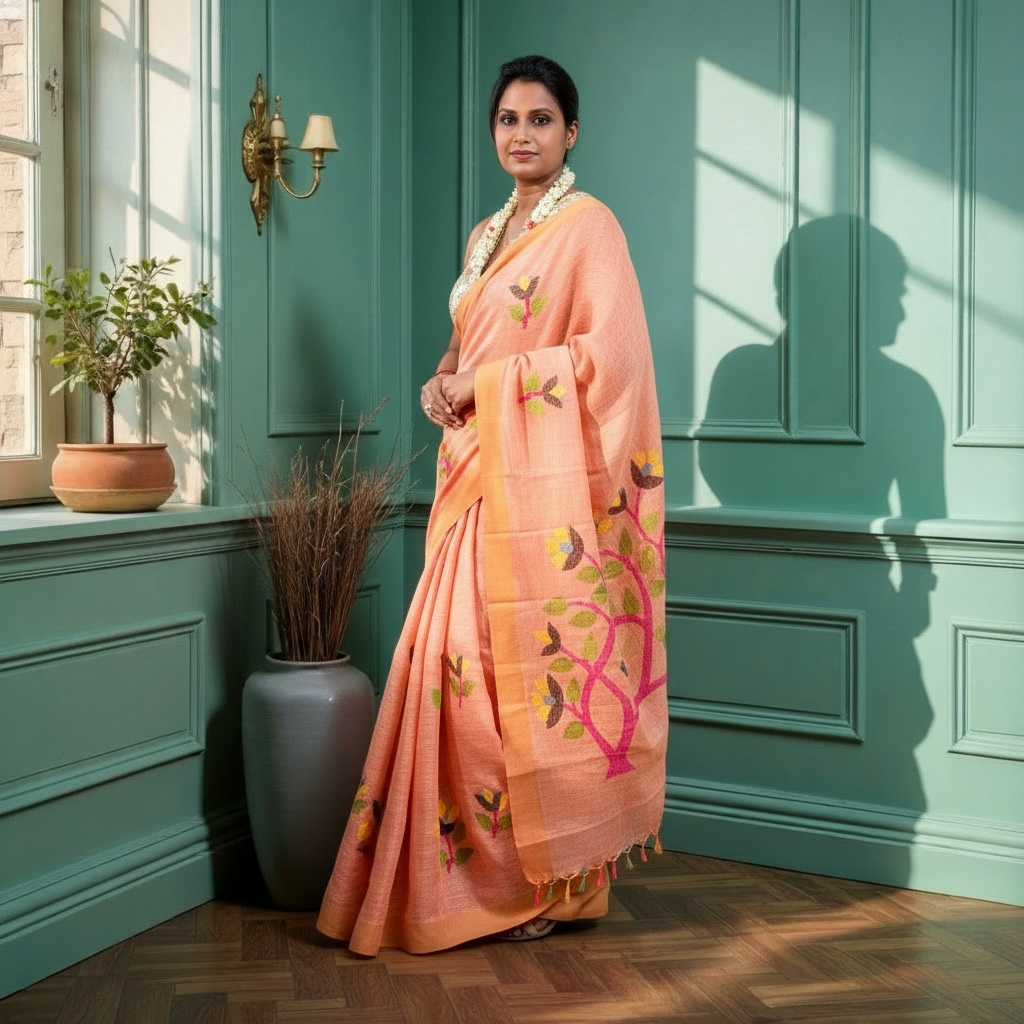 Pure linen Peach Handloom Jamdani saree - Rupacj Designs - Luxury Sustainable Indian womenswear | Artisan made | Slow Fashion- Occasion wear| Handcrafted In India