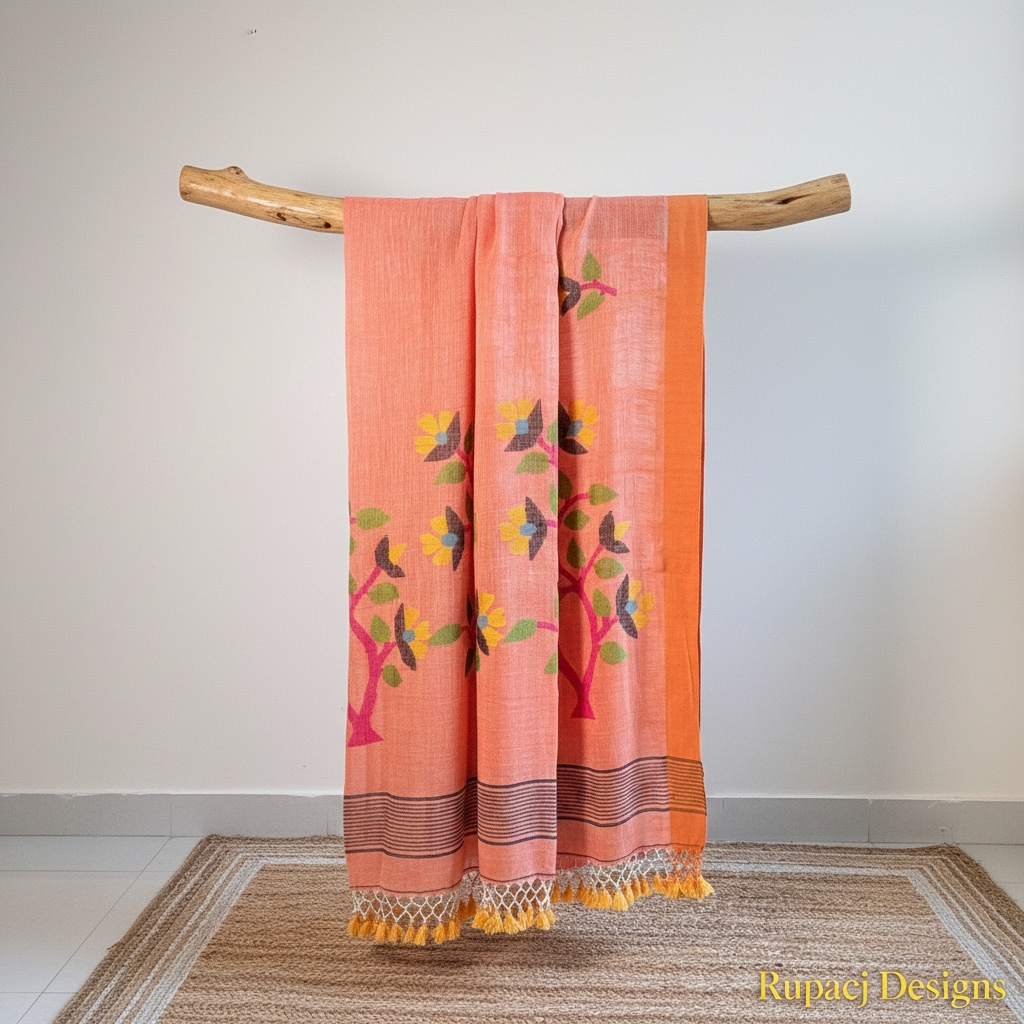 Pure linen Peach Handloom Jamdani saree - Rupacj Designs - Luxury Sustainable Indian womenswear | Artisan made | Slow Fashion- Occasion wear| Handcrafted In India