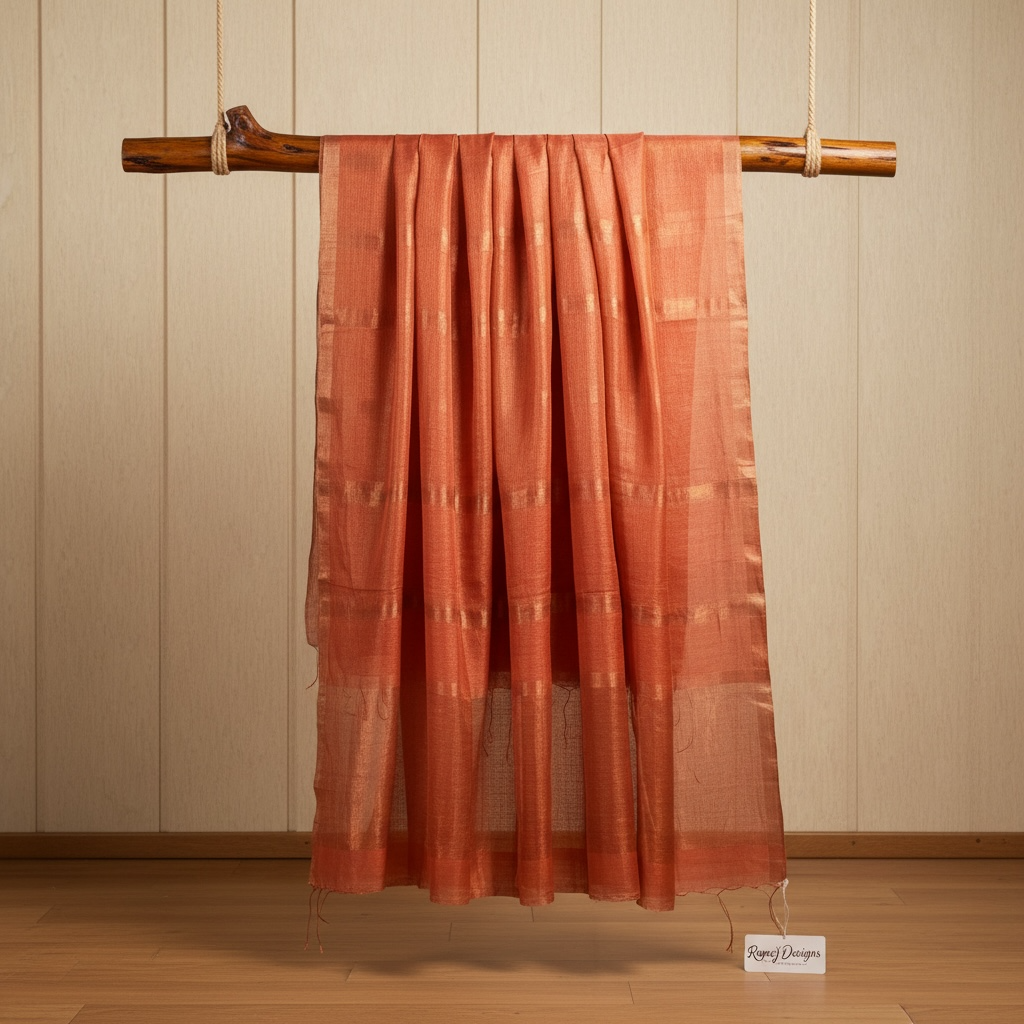 Salmon gold Handloom Muslin silk Saree - Rupacj Designs - Luxury Sustainable Indian womenswear | Artisan made | Slow Fashion- Occasion wear| Handcrafted In India