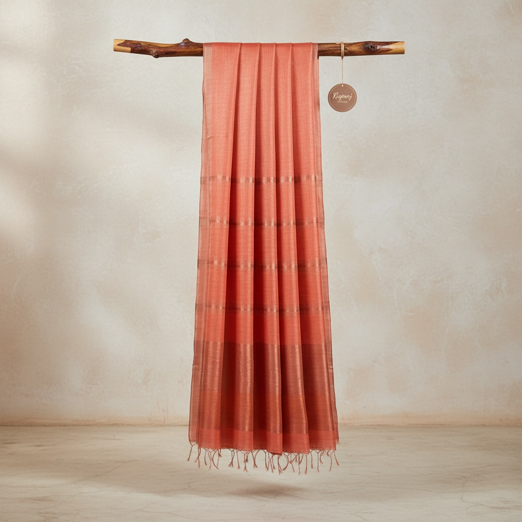 Salmon gold Handloom Muslin silk Saree - Rupacj Designs - Luxury Sustainable Indian womenswear | Artisan made | Slow Fashion- Occasion wear| Handcrafted In India