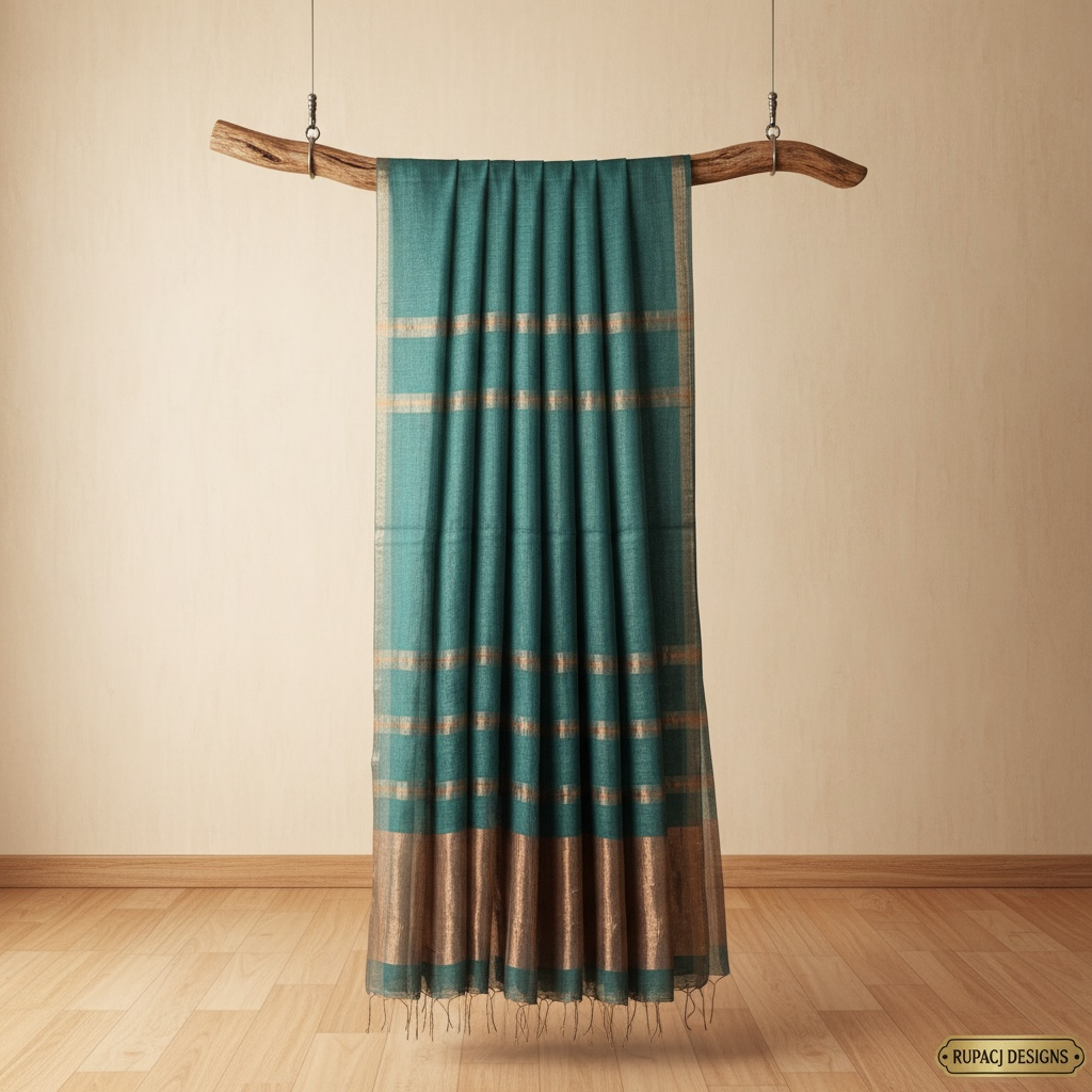Teal green gold Handloom Muslin silk Saree - Rupacj Designs - Luxury Sustainable Indian womenswear | Artisan made | Slow Fashion- Occasion wear| Handcrafted In India