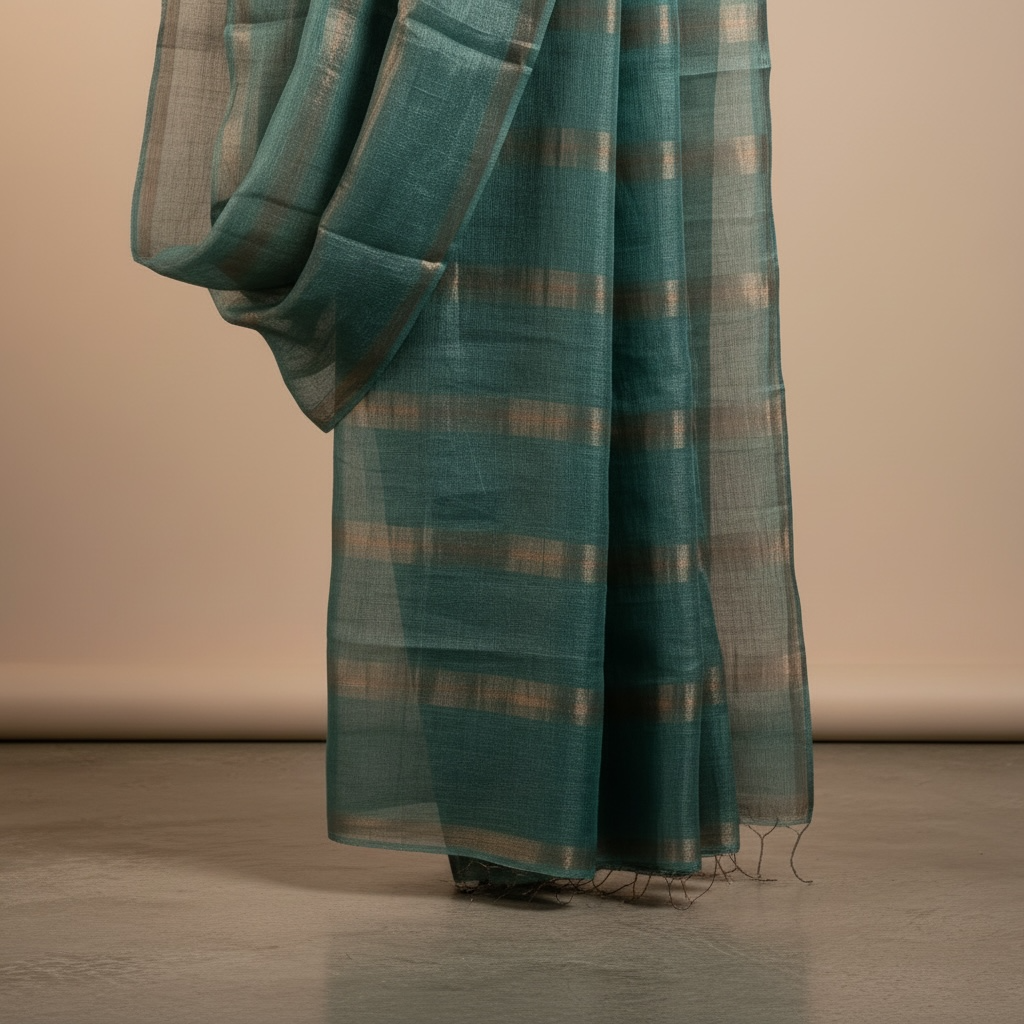 Teal green gold Handloom Muslin silk Saree - Rupacj Designs - Luxury Sustainable Indian womenswear | Artisan made | Slow Fashion- Occasion wear| Handcrafted In India