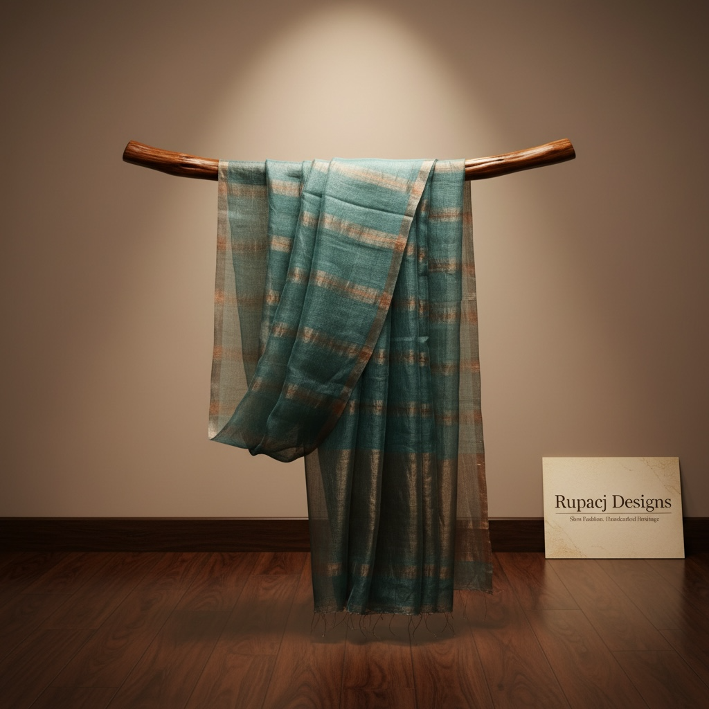 Teal green gold Handloom Muslin silk Saree - Rupacj Designs - Luxury Sustainable Indian womenswear | Artisan made | Slow Fashion- Occasion wear| Handcrafted In India