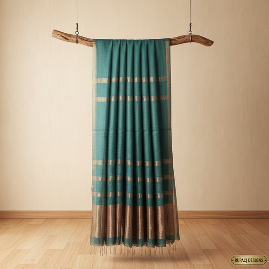 Teal green gold Handloom Muslin silk Saree - Rupacj Designs - Luxury Sustainable Indian womenswear | Artisan made | Slow Fashion- Occasion wear| Handcrafted In India