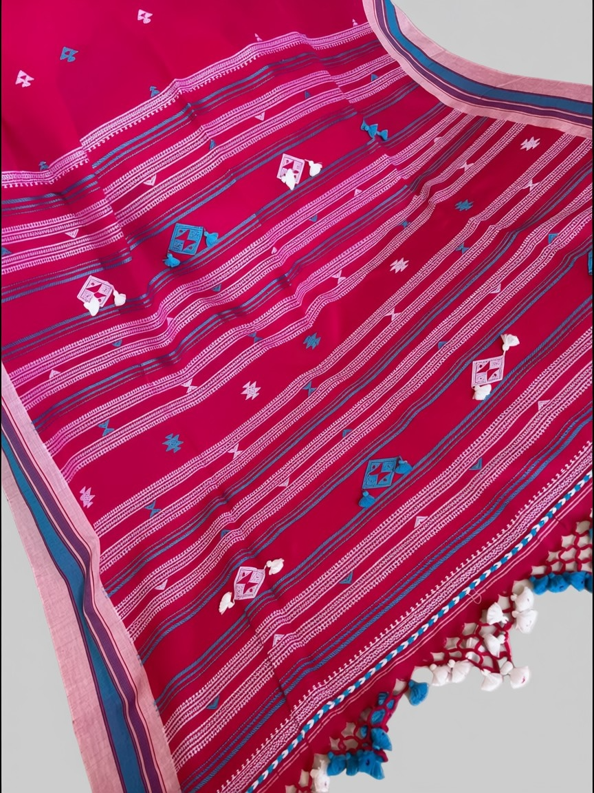 Rani pink Mercerised cotton Heavy Bhujodi Handloom saree - Rupacj Designs - Luxury Sustainable Indian womenswear | Artisan made | Slow Fashion- Occasion wear| Handcrafted In India