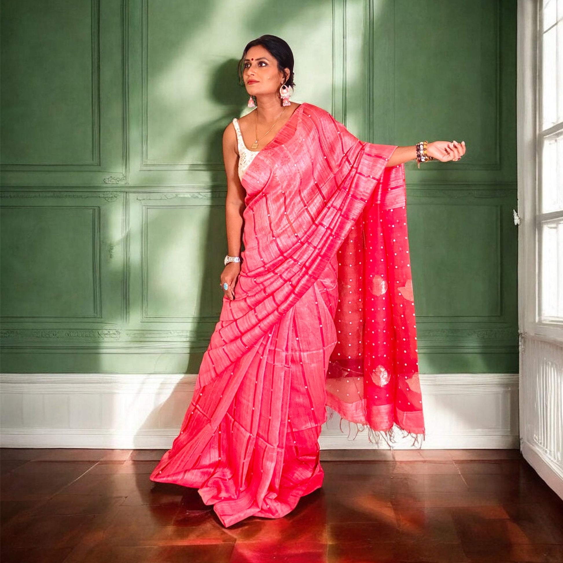 Vermillion Red Matka Muslin silk Handloom Saree woven with sea shell - Rupacj Designs - Luxury Sustainable Indian womenswear | Artisan made | Slow Fashion- Occasion wear| Handcrafted In India