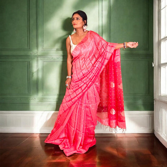 Vermillion Red Matka Muslin silk Handloom Saree woven with sea shell