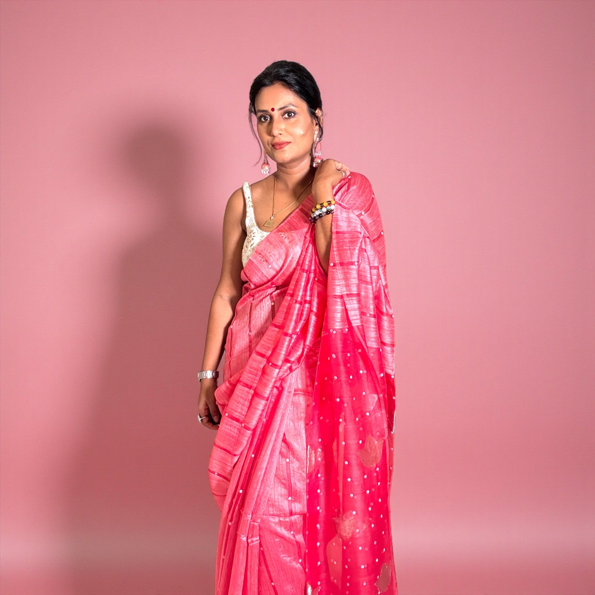 Vermillion Red Matka Muslin silk Handloom Saree woven with sea shell - Rupacj Designs - Luxury Sustainable Indian womenswear | Artisan made | Slow Fashion- Occasion wear| Handcrafted In India