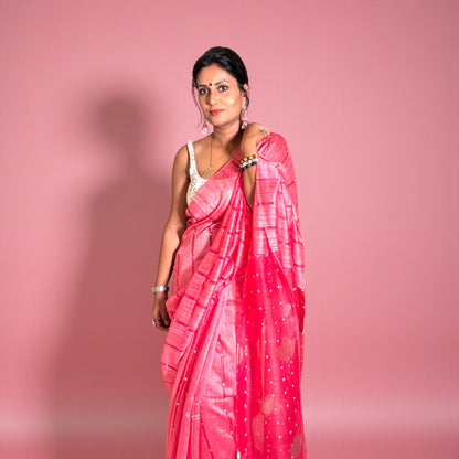 Vermillion Red Matka Muslin silk Handloom Saree woven with sea shell - Rupacj Designs - Luxury Sustainable Indian womenswear | Artisan made | Slow Fashion- Occasion wear| Handcrafted In India