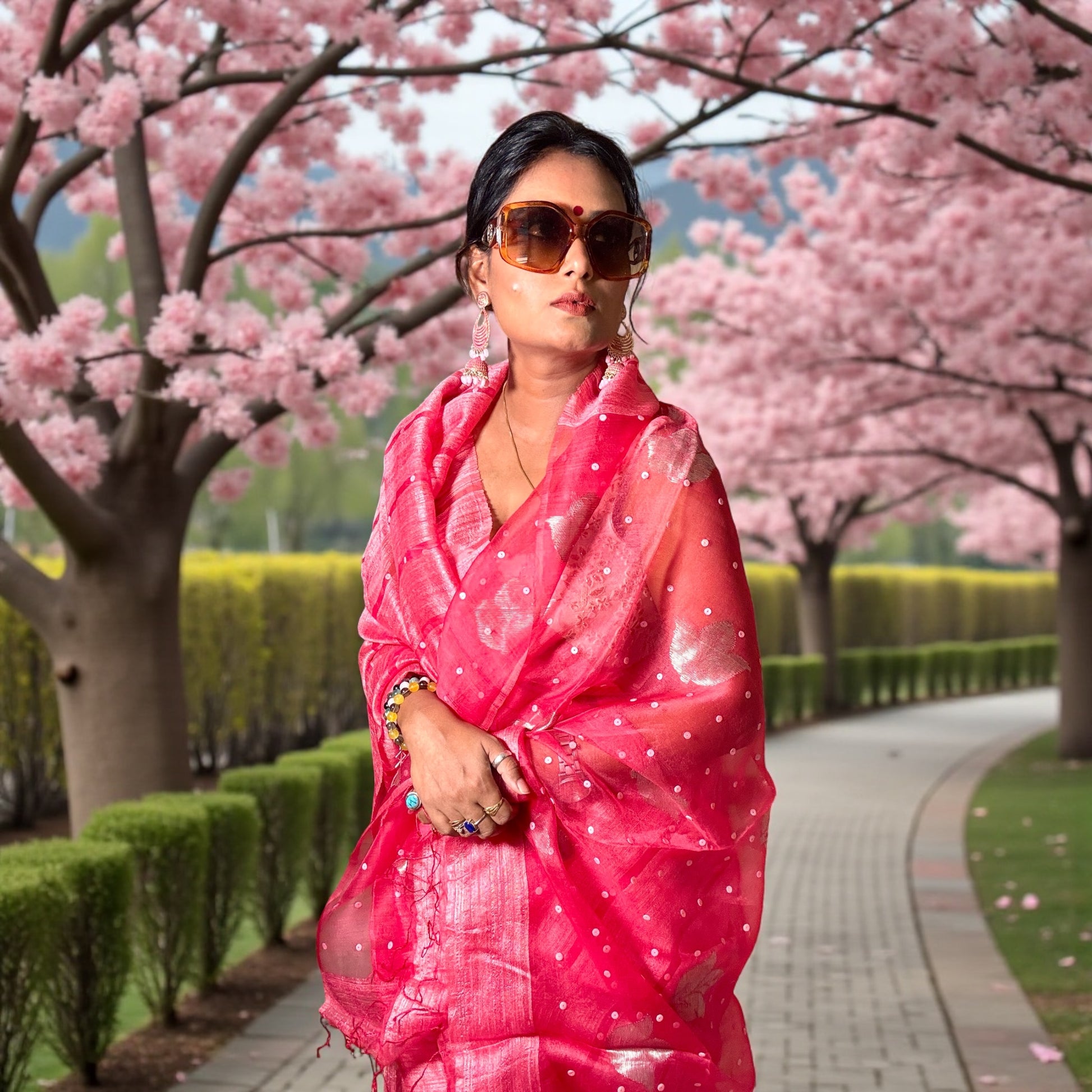 Vermillion Red Matka Muslin silk Handloom Saree woven with sea shell - Rupacj Designs - Luxury Sustainable Indian womenswear | Artisan made | Slow Fashion- Occasion wear| Handcrafted In India