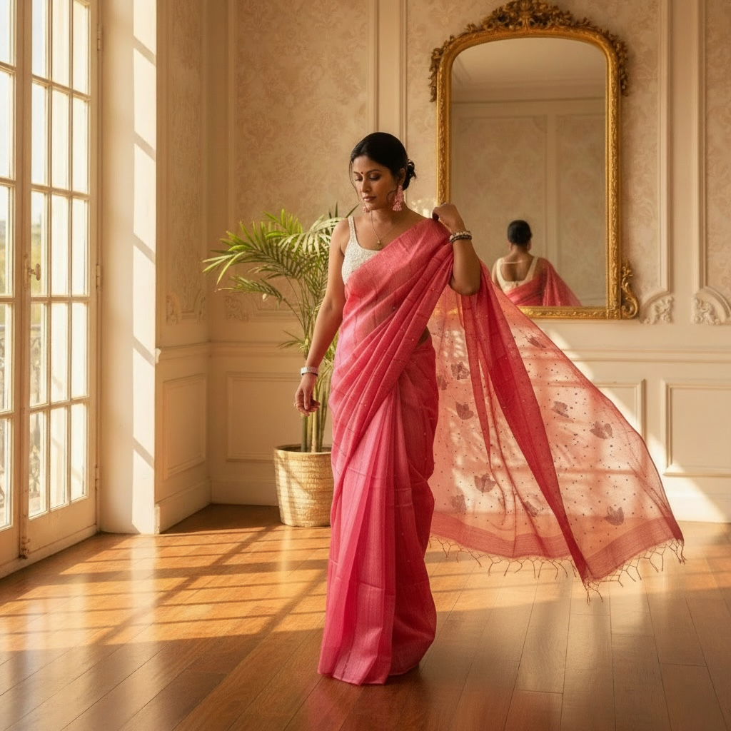 Vermillion Red Matka Muslin silk Handloom Saree woven with sea shell - Rupacj Designs - Luxury Sustainable Indian womenswear | Artisan made | Slow Fashion- Occasion wear| Handcrafted In India