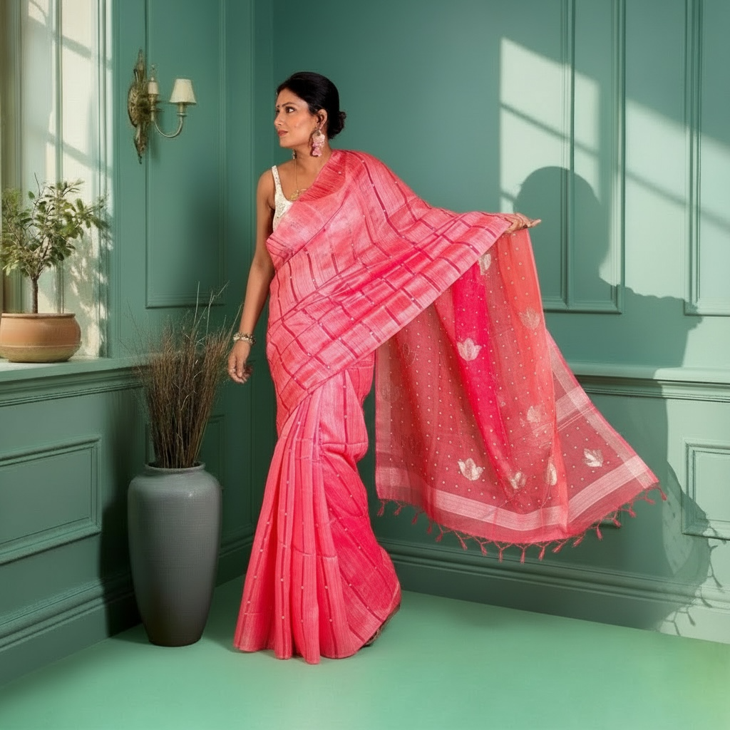 Vermillion Red Matka Muslin silk Handloom Saree woven with sea shell - Rupacj Designs - Luxury Sustainable Indian womenswear | Artisan made | Slow Fashion- Occasion wear| Handcrafted In India