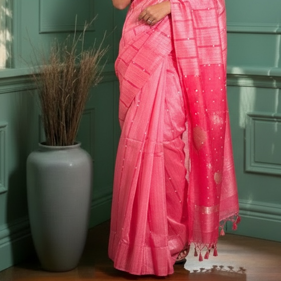 Vermillion Red Matka Muslin silk Handloom Saree woven with sea shell - Rupacj Designs - Luxury Sustainable Indian womenswear | Artisan made | Slow Fashion- Occasion wear| Handcrafted In India