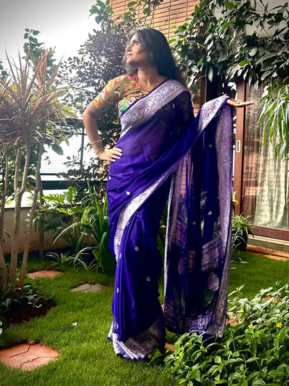 Midnight Blue Pure Chiffon Handloom Banarasi Saree