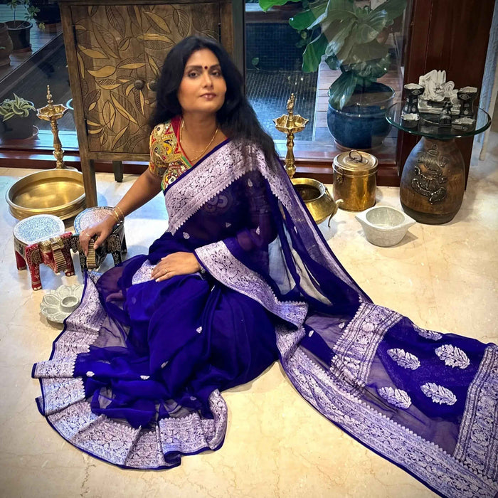 Midnight Blue Chiffon Handloom Banarasi Saree