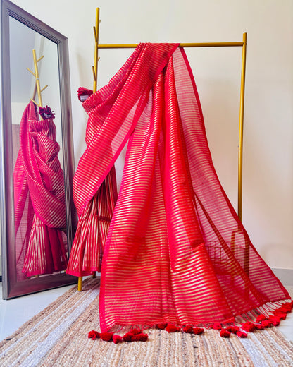 Mulmul Handwoven zari Saree with  Vertical gold Stripes and Tassles - Rupacj Designs - Luxury Sustainable Indian womenswear | Artisan made | Slow Fashion- Occasion wear| Handcrafted In India