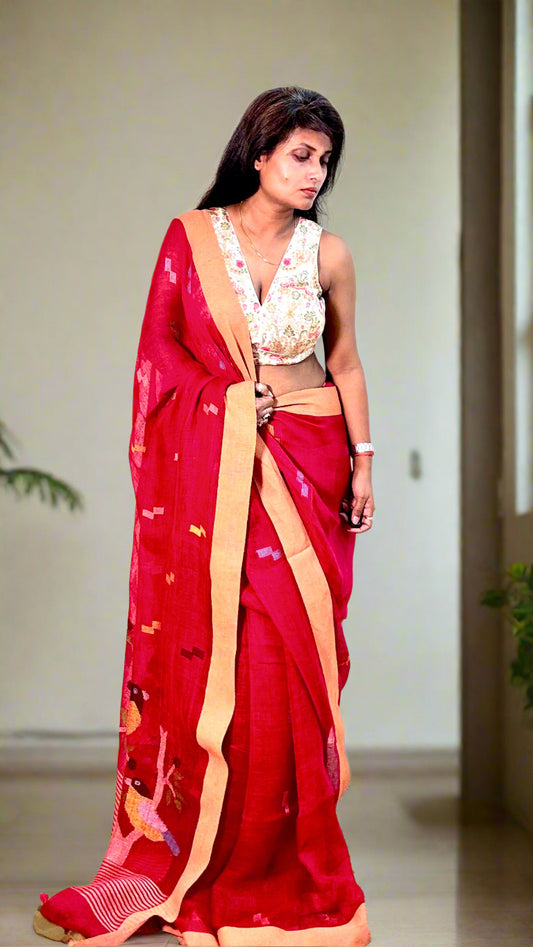 Crimson Handwoven Pure linen Jamdani Saree