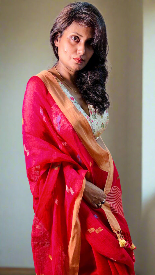 Crimson Handwoven Pure linen Jamdani Saree