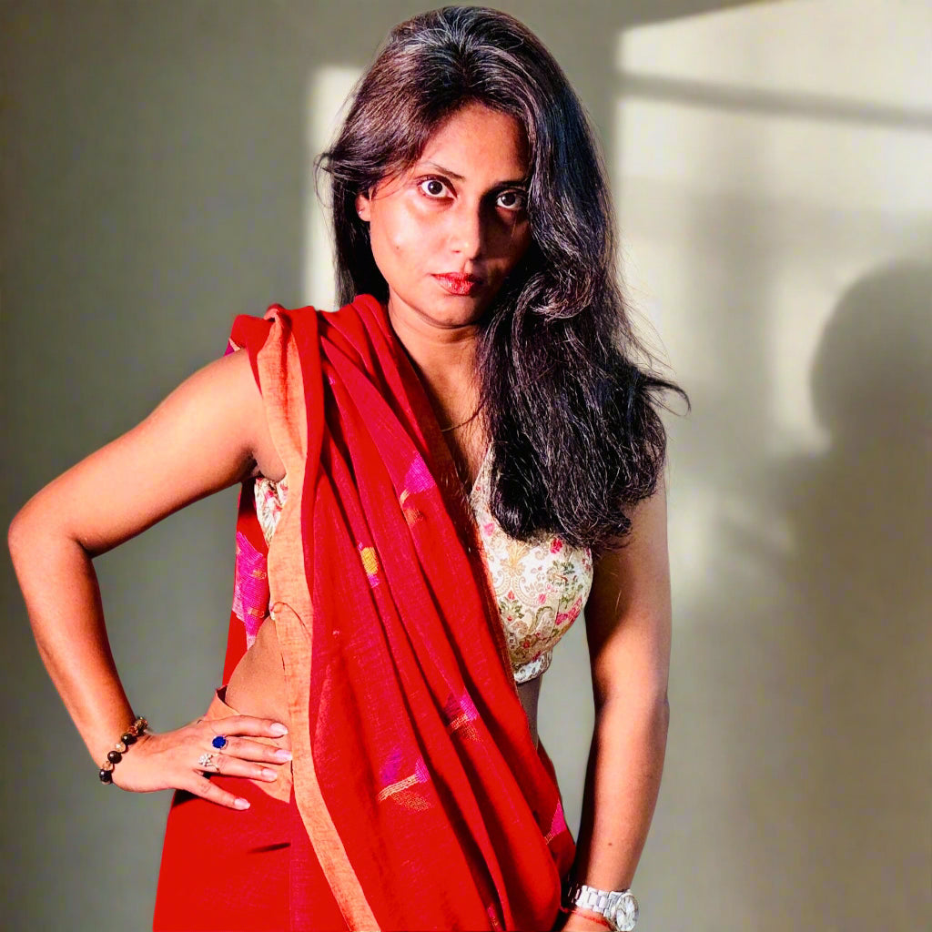 Vermilion Handwoven Pure linen Jamdani saree
