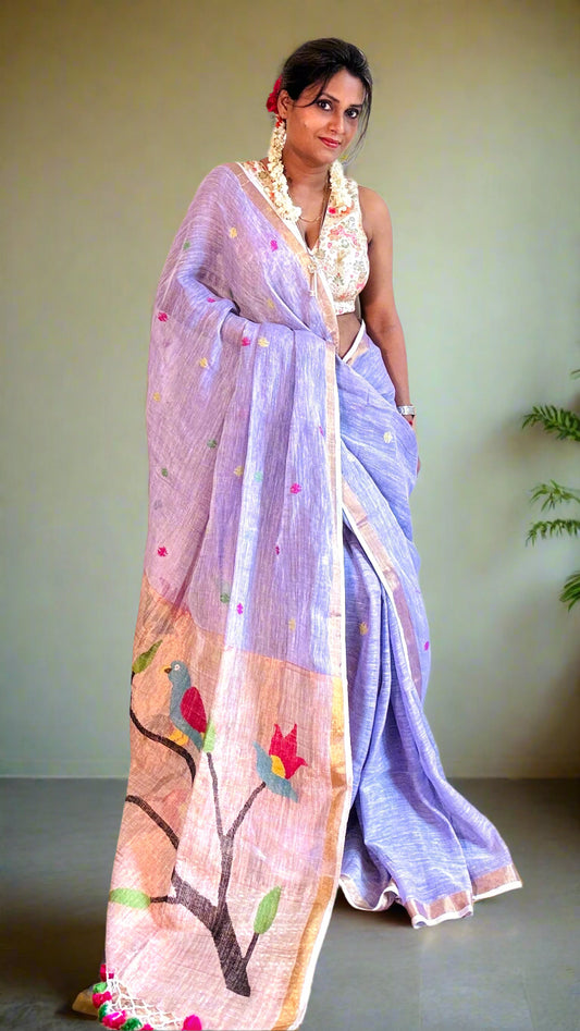 Handwoven Pure linen saree with Paithni Pallu