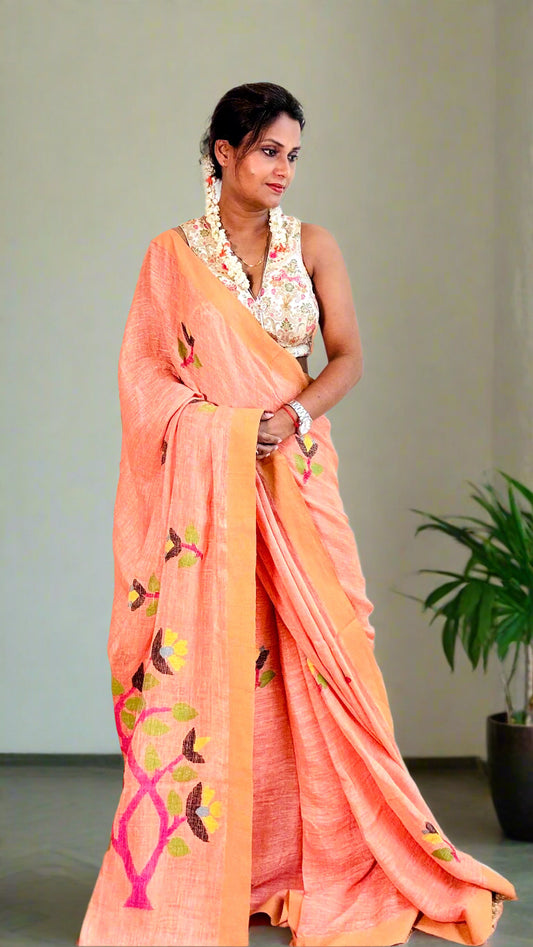 Salmon Handwoven Pure linen Jamdani saree