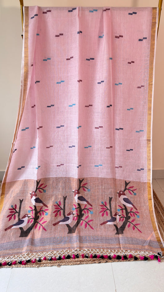 Handwoven Pure linen saree with paithni pallu