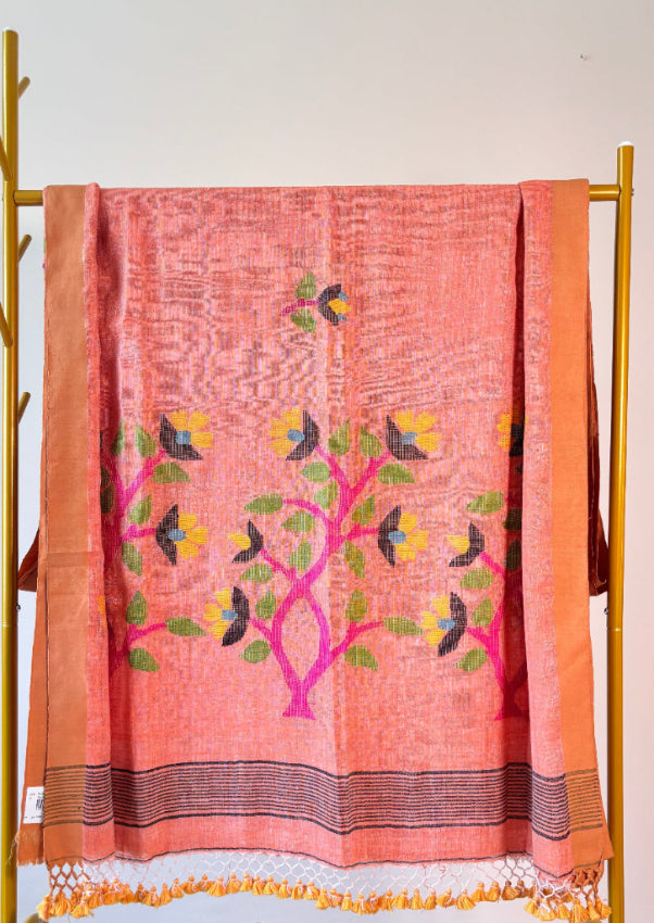 Salmon Handwoven Pure linen Jamdani saree
