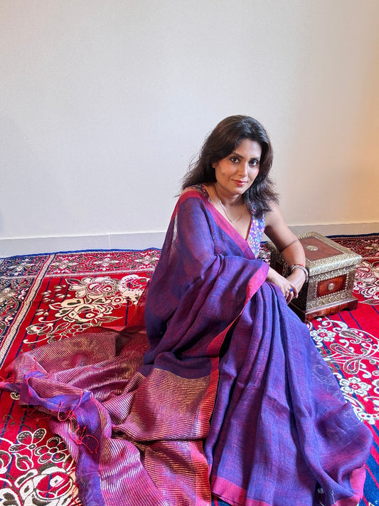 Handwoven pure linen dual tone purple saree