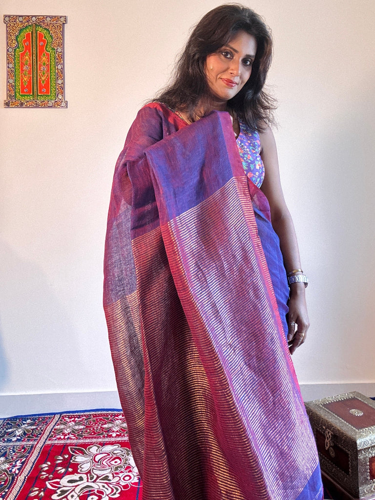 Handwoven pure linen dual tone purple saree