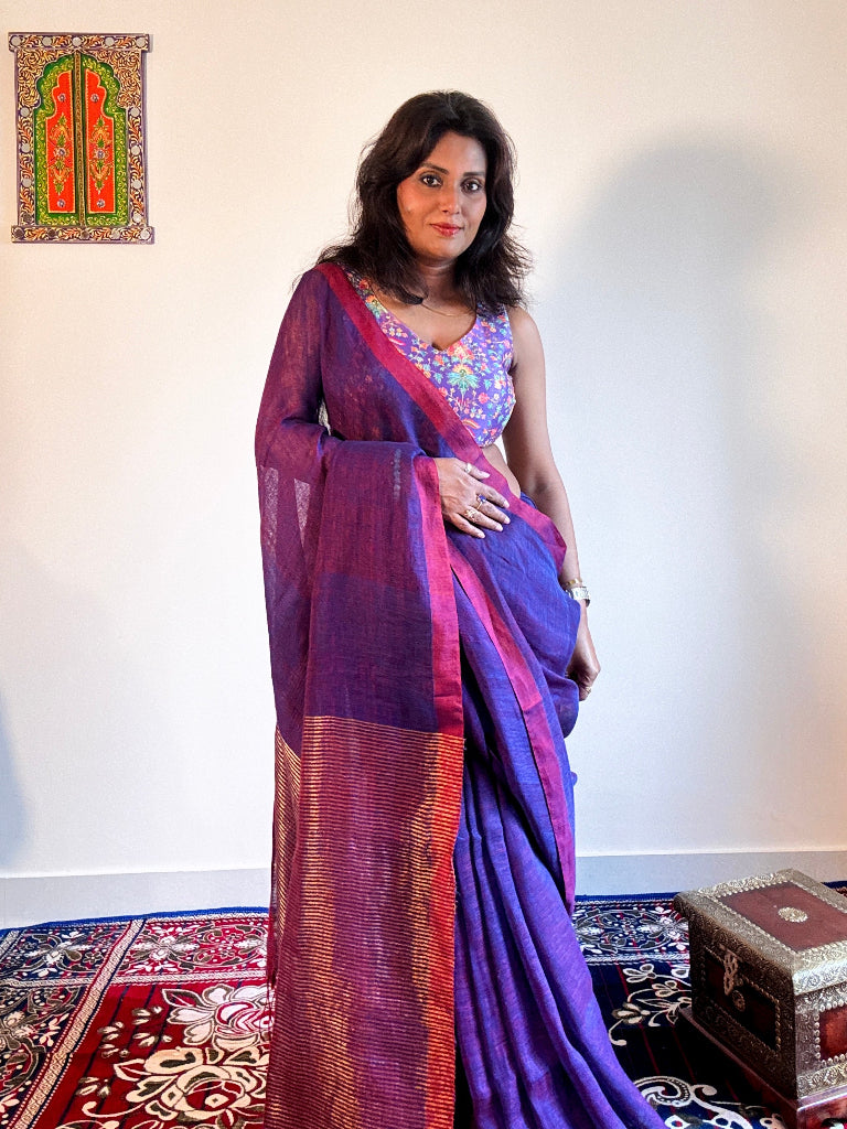 Handwoven pure linen dual tone purple saree