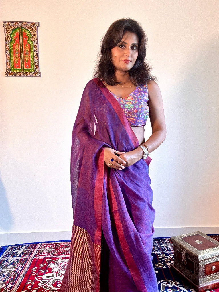 Handwoven pure linen dual tone purple saree