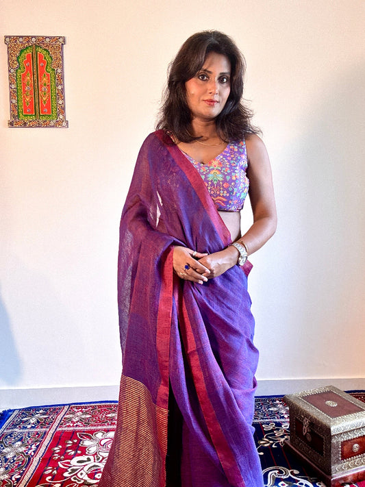Handwoven pure linen dual tone purple saree