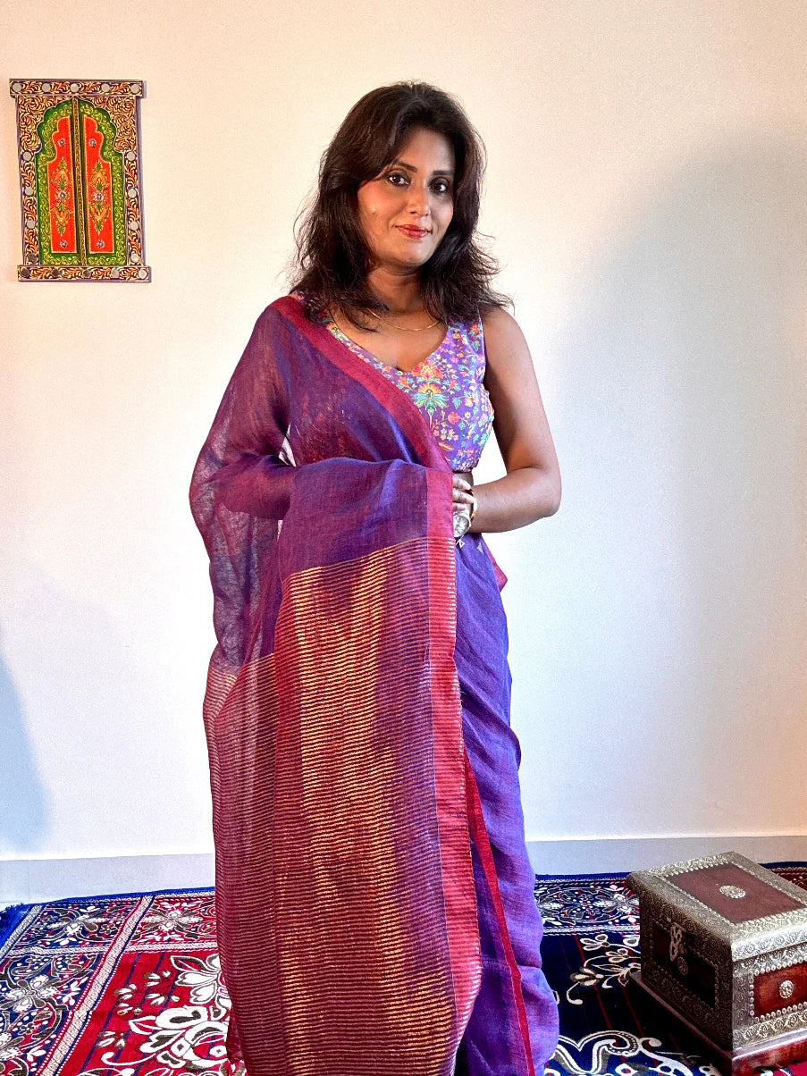 Handwoven pure linen dual tone purple saree