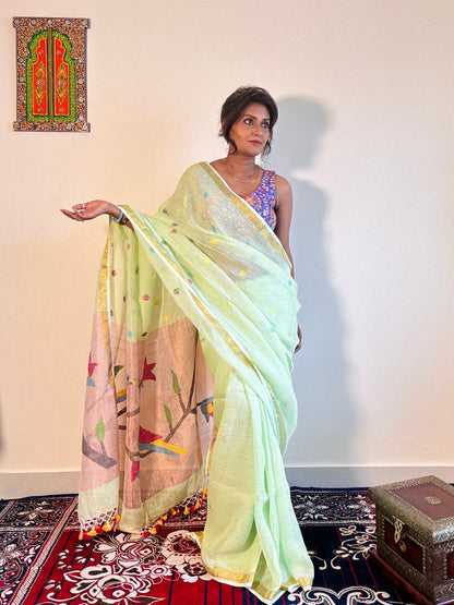 Handwoven Pure linen saree Paithni Pallu - Rupacj Designs - Luxury Sustainable Indian womenswear | Artisan made | Slow Fashion- Occasion wear| Handcrafted In India